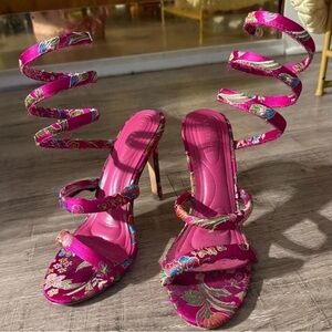 Fuchsia Floral Spiral-Strap Stiletto Sandals